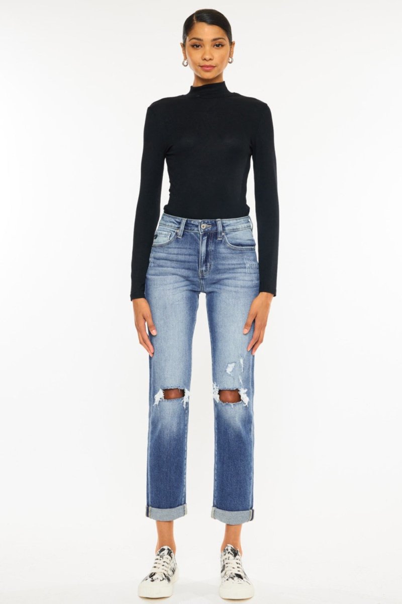 Kancan High Waist Distressed Hem Detail Cropped Straight Jeans - Bottoms Sale